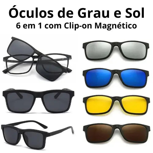 Óculos de Grau e Sol 6 em 1 com Clip-on Magnético Lentes Polarizadas Proteção UV