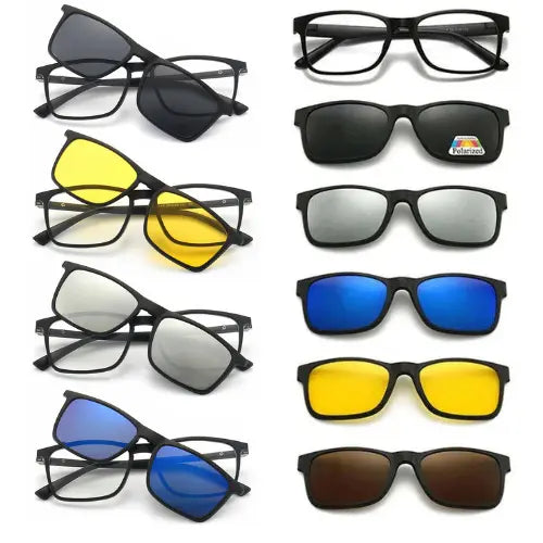 Óculos de Grau e Sol 6 em 1 com Clip-on Magnético Lentes Polarizadas Proteção UV