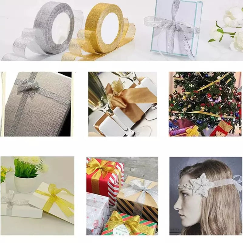 Fita Embrulho Decoração Árvore de Natal Dourado e Prata em Glitter