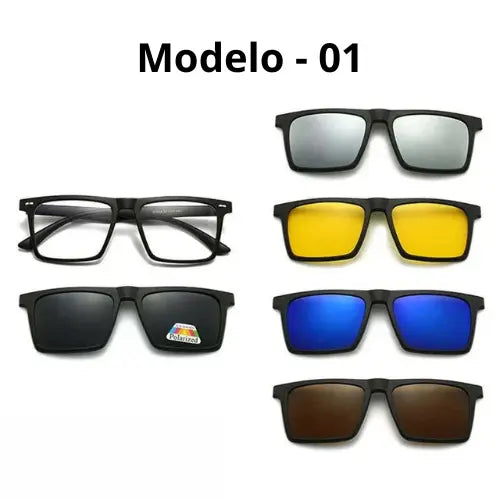 Óculos de Grau e Sol 6 em 1 com Clip-on Magnético Lentes Polarizadas Proteção UV