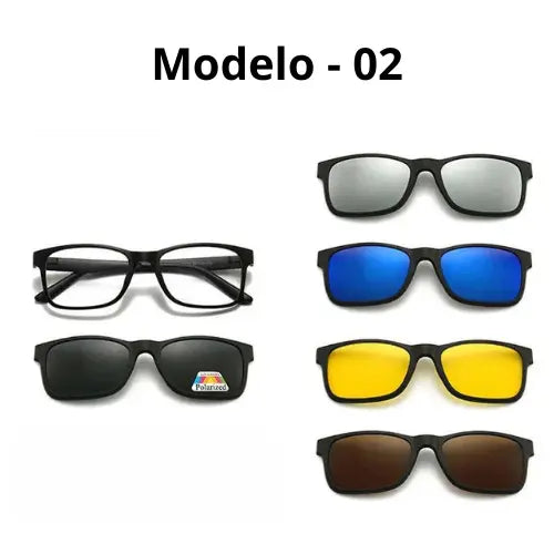 Óculos de Grau e Sol 6 em 1 com Clip-on Magnético Lentes Polarizadas Proteção UV