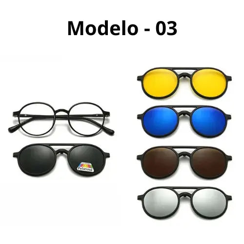 Óculos de Grau e Sol 6 em 1 com Clip-on Magnético Lentes Polarizadas Proteção UV
