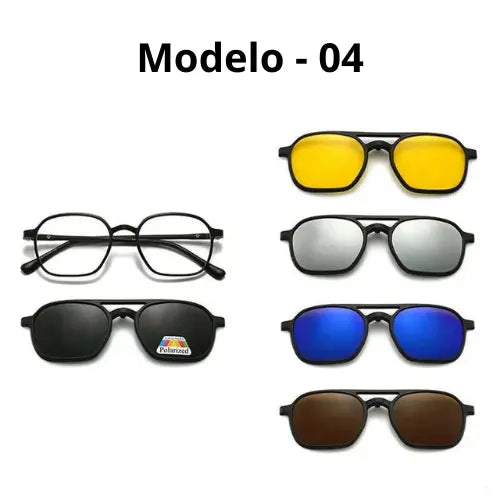 Óculos de Grau e Sol 6 em 1 com Clip-on Magnético Lentes Polarizadas Proteção UV
