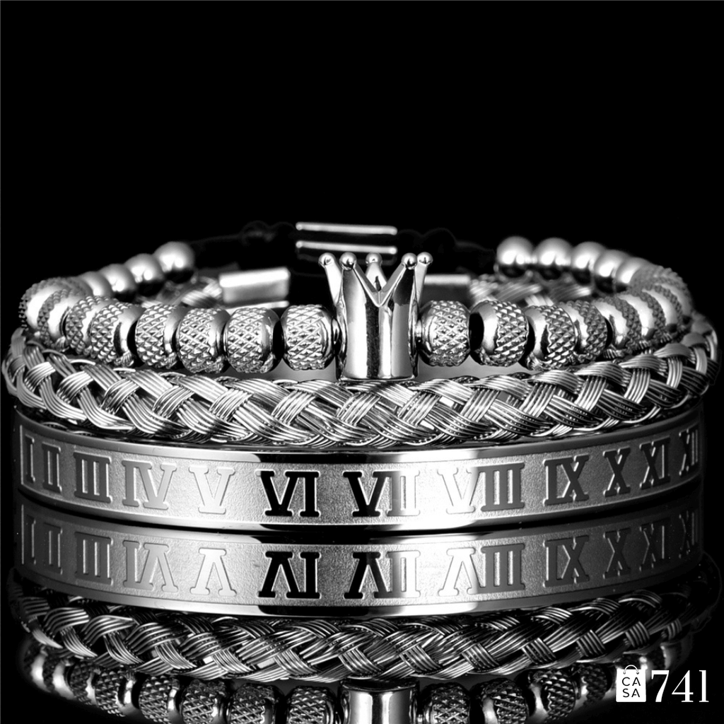 Kit Romano 3 Pulseiras Masculinas de Aço Inoxidável Joias Artesanais