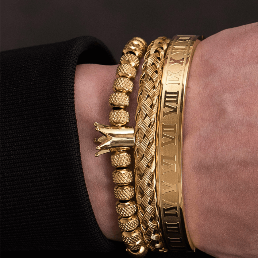 Kit Romano 3 Pulseiras Masculinas de Aço Inoxidável Joias Artesanais