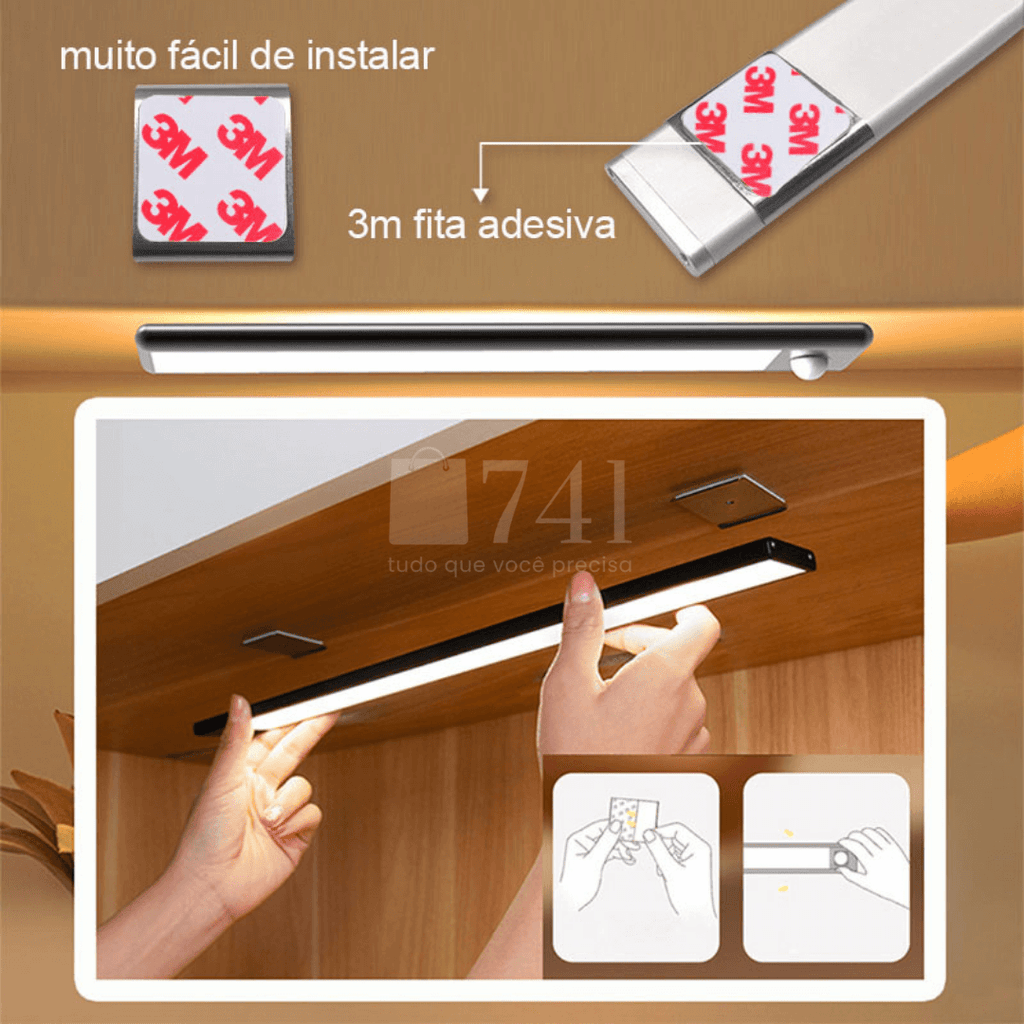 Luminária LED Fina com Sensor de Presença Recarregável e sem Fio