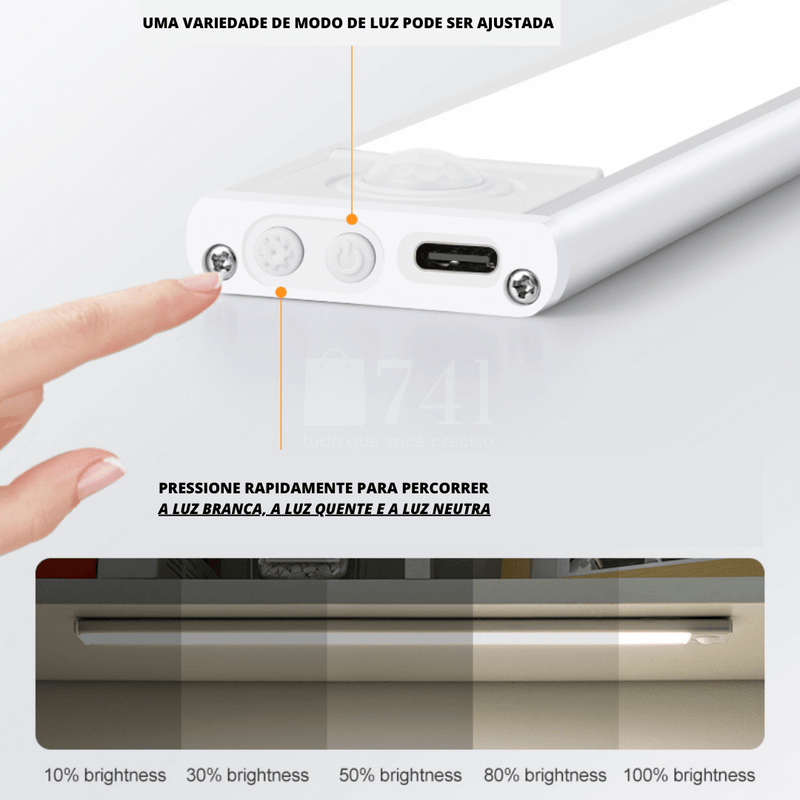 Luminária LED Fina com Sensor de Presença Recarregável e sem Fio