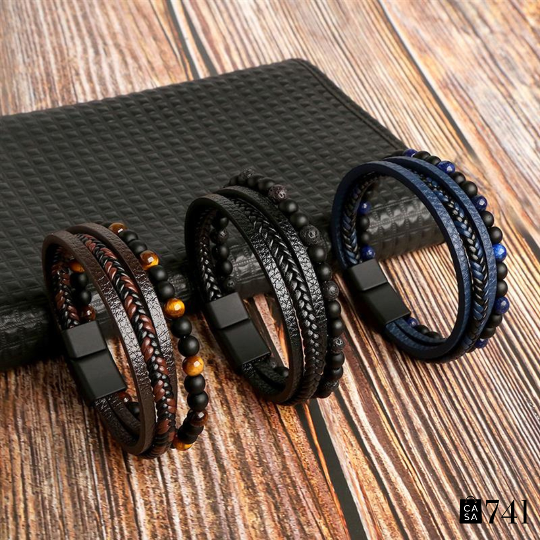 Pulseira de Couro Masculina e Pedras Naturais Olho de Tigre, Ônix e Vulcânica