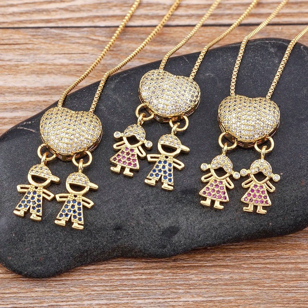 Colar de Filhos com 2 e 3 Pingentes com Zircônia Menino e Menina Jóia Requintada