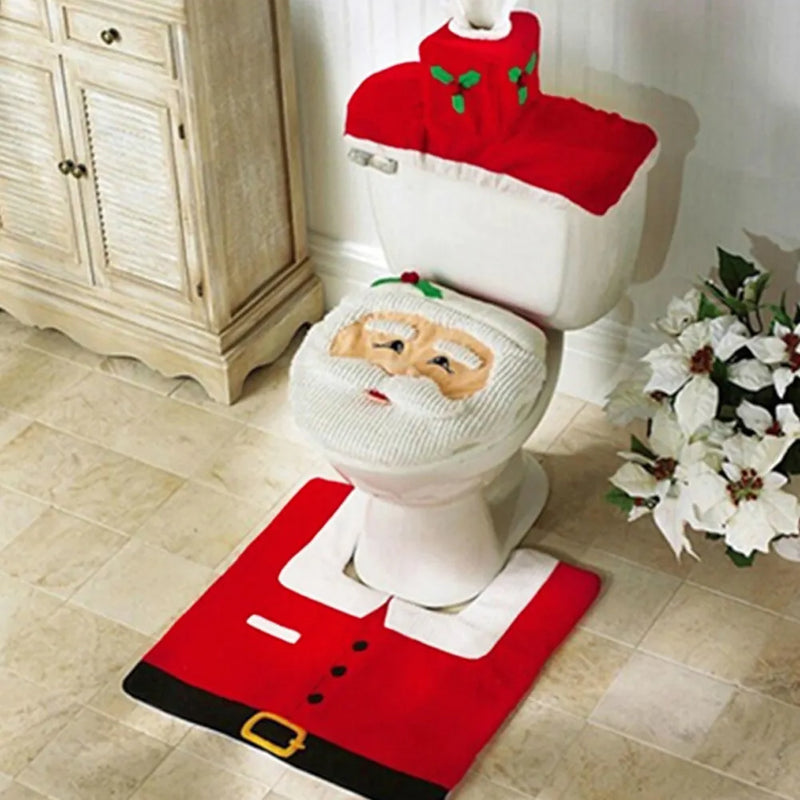 Conjunto de Banheiro 3 Peças Decoração de Natal Tapete e Capa para Vaso
