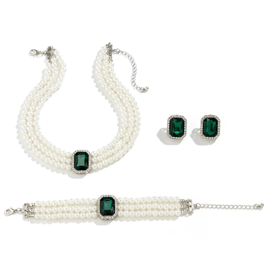 Conjunto de Joia Elegante com Colar, Pulseira e Brincos de Pérola e Cristal