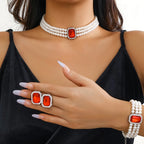 Conjunto de Joia Elegante com Colar, Pulseira e Brincos de Pérola e Cristal