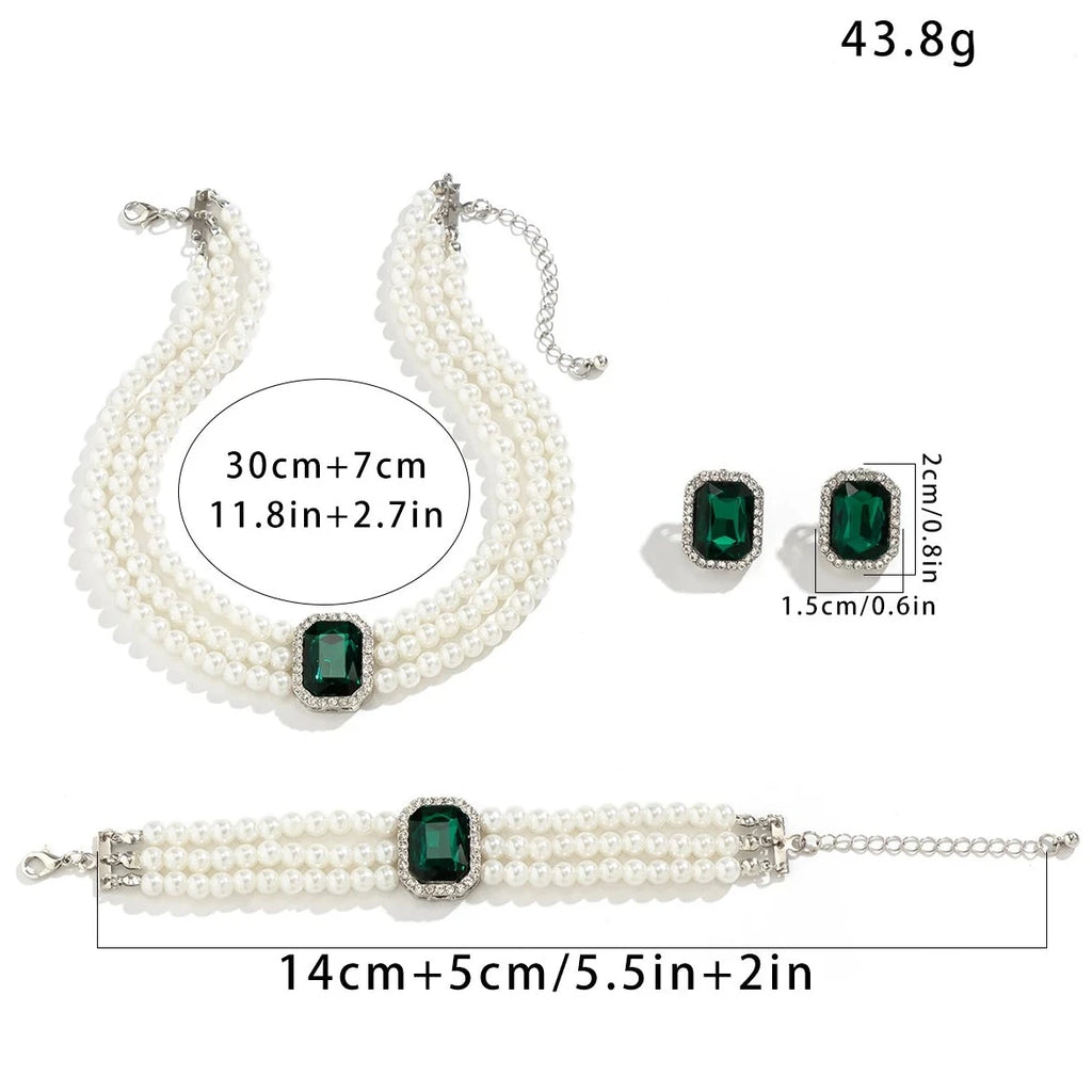 Conjunto de Joia Elegante com Colar, Pulseira e Brincos de Pérola e Cristal