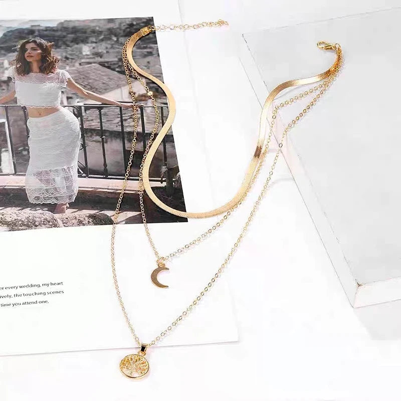 Colar 3 em 1 Lua e Árvore da Vida Colar de Prata Esterlina 925 Modelo SNK090