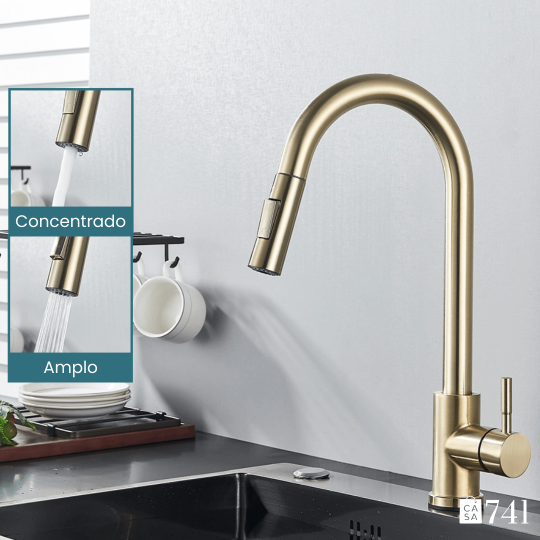 Torneira para Pia de Cozinha Extensível e Rotativo de Aço Inoxidável Quente e Frio com 2 Modos de Jato