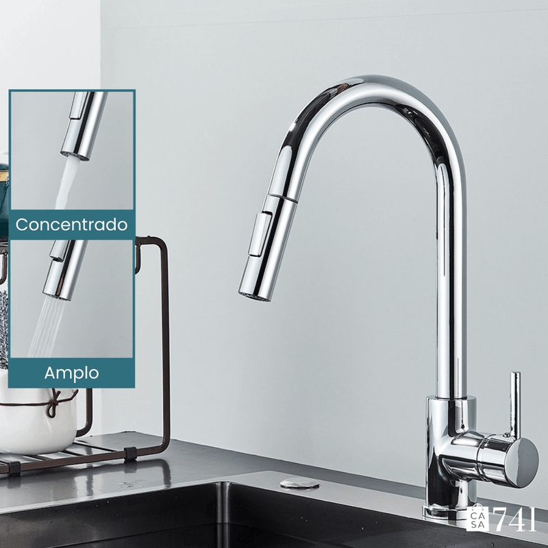 Torneira para Pia de Cozinha Extensível e Rotativo de Aço Inoxidável Quente e Frio com 2 Modos de Jato