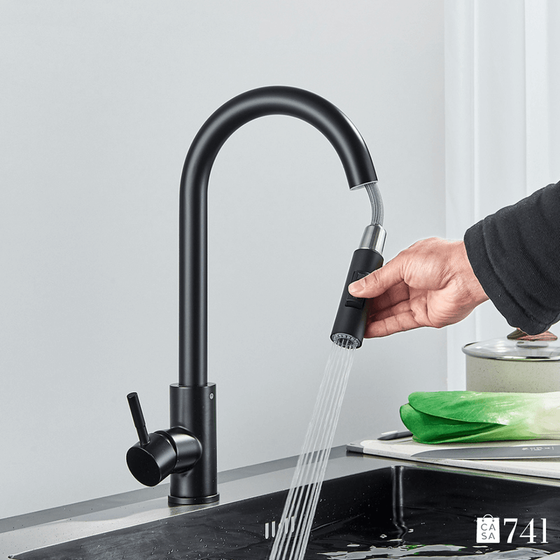Torneira para Pia de Cozinha Extensível e Rotativo de Aço Inoxidável Quente e Frio com 2 Modos de Jato