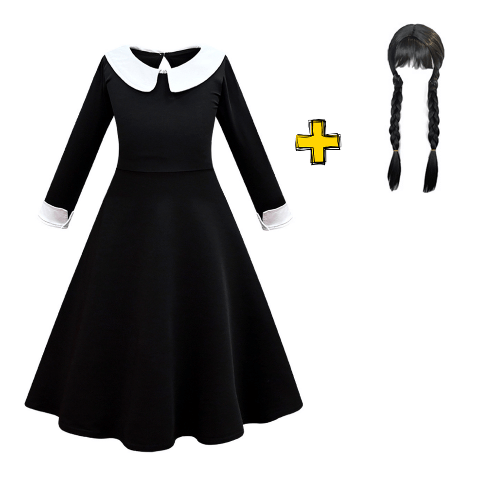 Vestido Wandinha Família Addams Infantil Classico Fantasia Halloween Completa