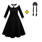 Vestido Wandinha Família Addams Infantil Classico Fantasia Halloween Completa