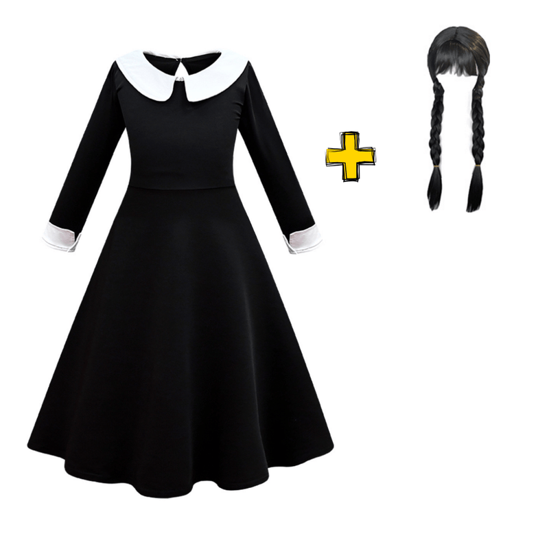 Vestido Wandinha Família Addams Infantil Classico Fantasia Halloween Completa