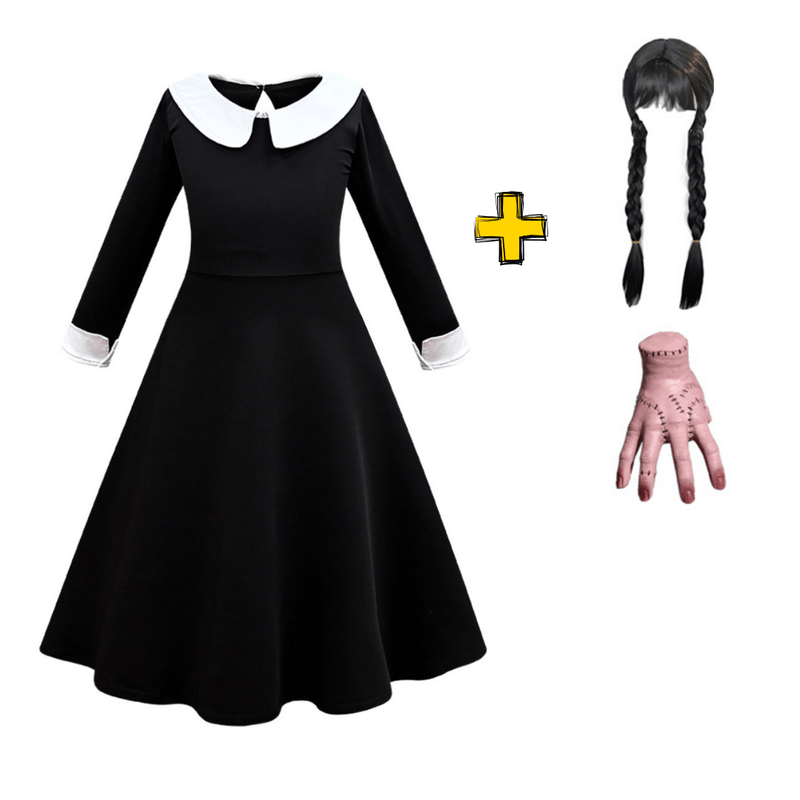 Vestido Wandinha Família Addams Infantil Classico Fantasia Halloween Completa