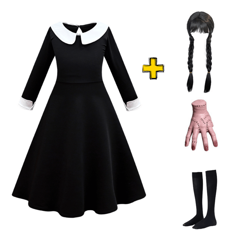 Vestido Wandinha Família Addams Infantil Classico Fantasia Halloween Completa