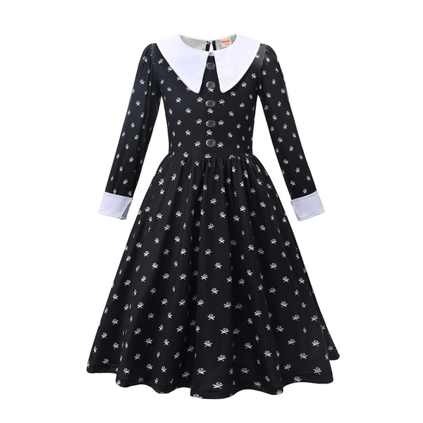 Vestido Wandinha Família Addams Infantil Estampado Fantasia Halloween Completa