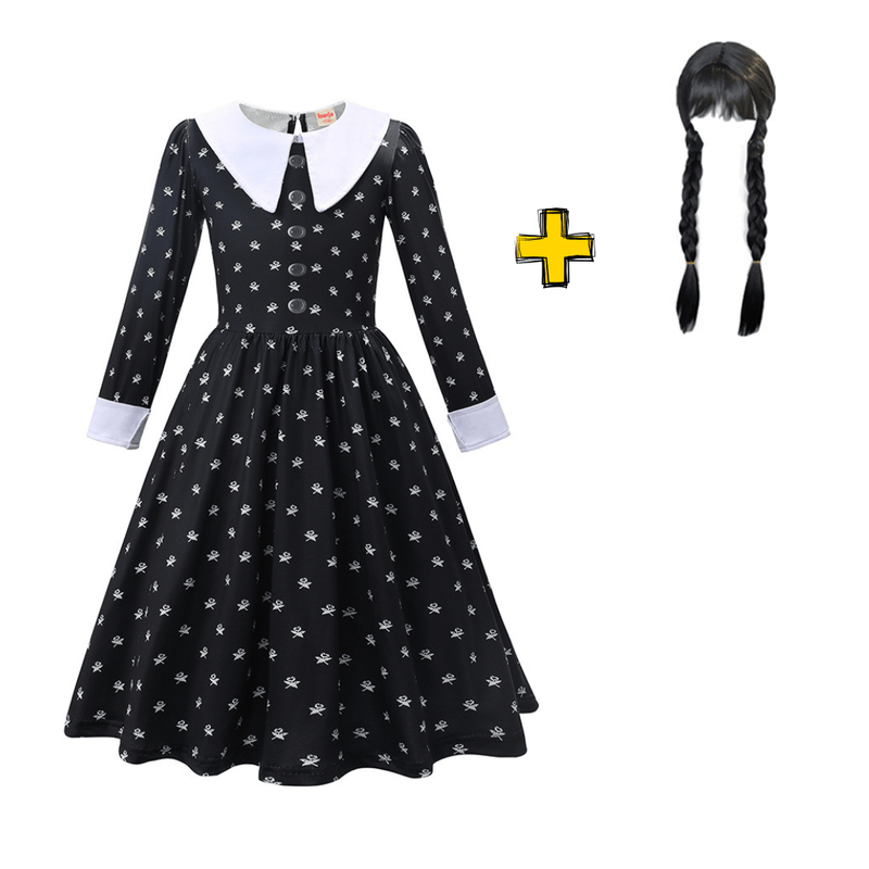Vestido Wandinha Família Addams Infantil Estampado Fantasia Halloween Completa