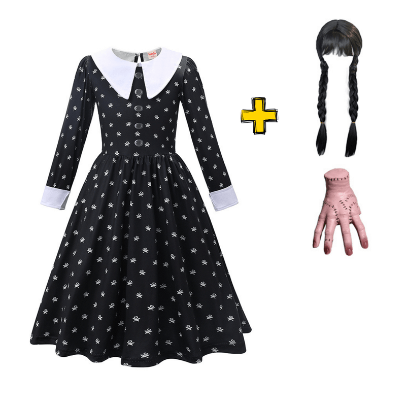 Vestido Wandinha Família Addams Infantil Estampado Fantasia Halloween Completa