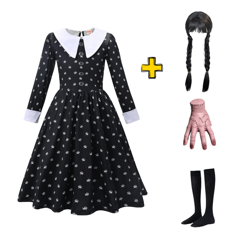 Vestido Wandinha Família Addams Infantil Estampado Fantasia Halloween Completa