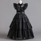 Vestido Wandinha Família Addams Infantil Baile Fantasia Halloween Completa