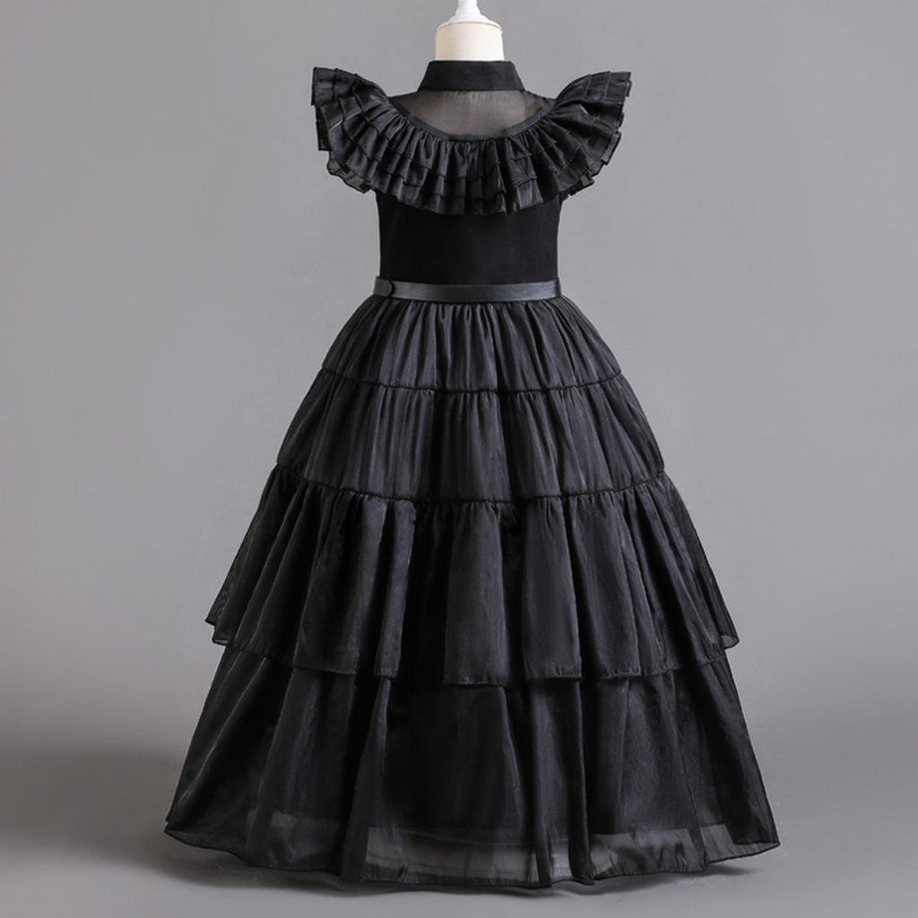 Vestido Wandinha Família Addams Infantil Baile Fantasia Halloween Completa