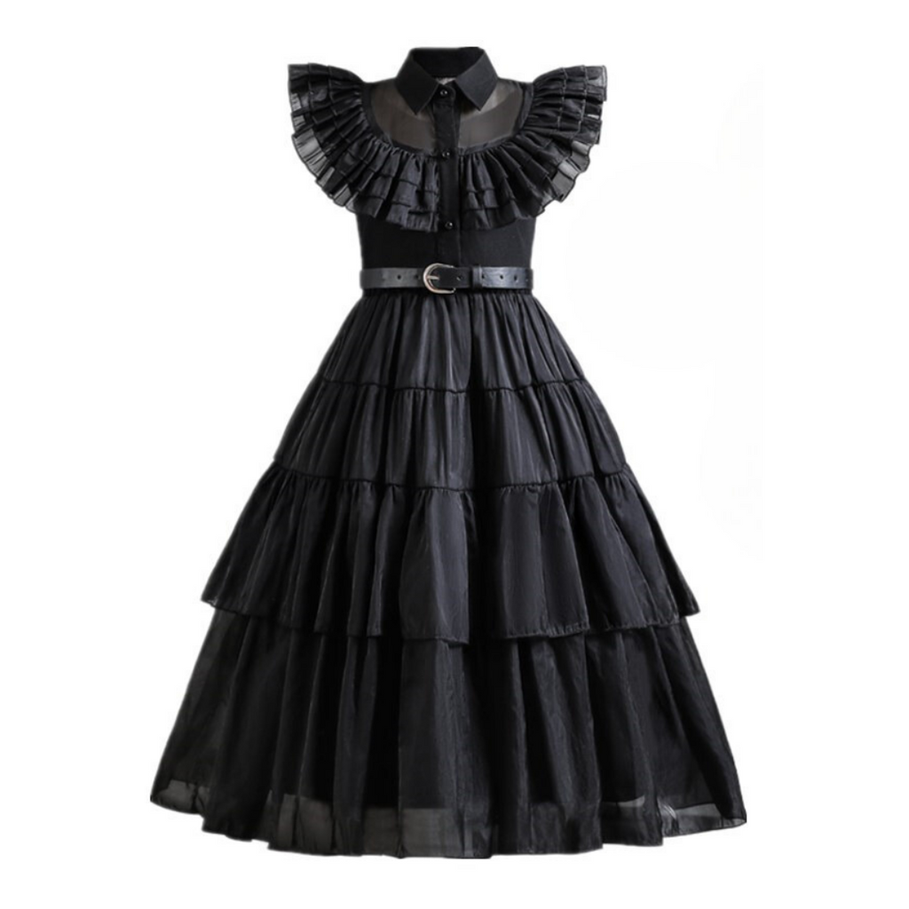 Vestido Wandinha Família Addams Infantil Baile Fantasia Halloween Completa