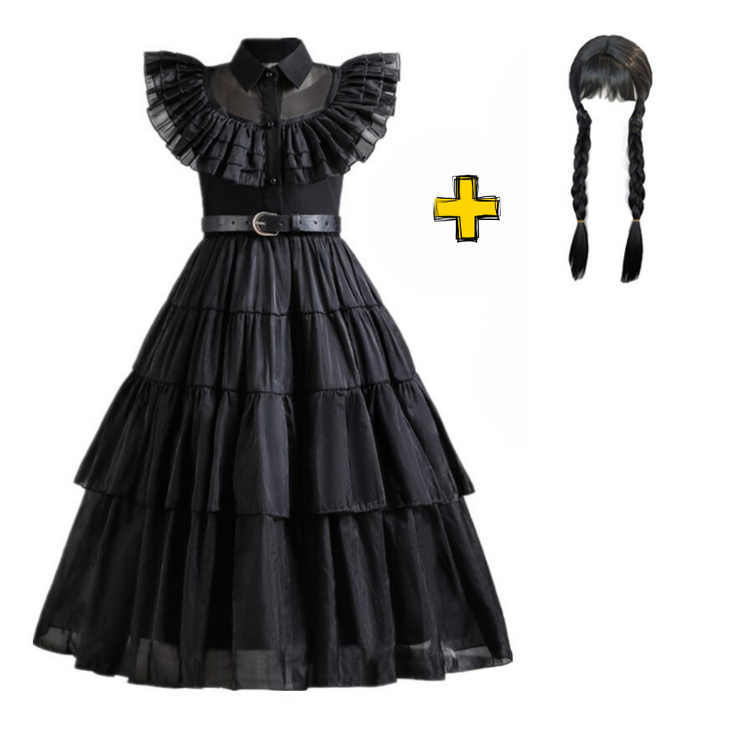 Vestido Wandinha Família Addams Infantil Baile Fantasia Halloween Completa