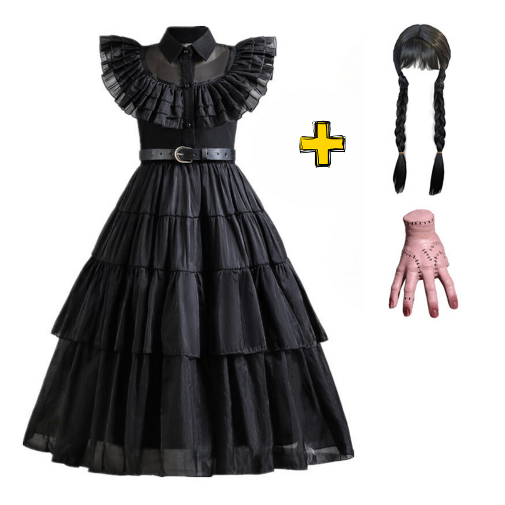Vestido Wandinha Família Addams Infantil Baile Fantasia Halloween Completa