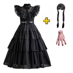 Vestido Wandinha Família Addams Infantil Baile Fantasia Halloween Completa