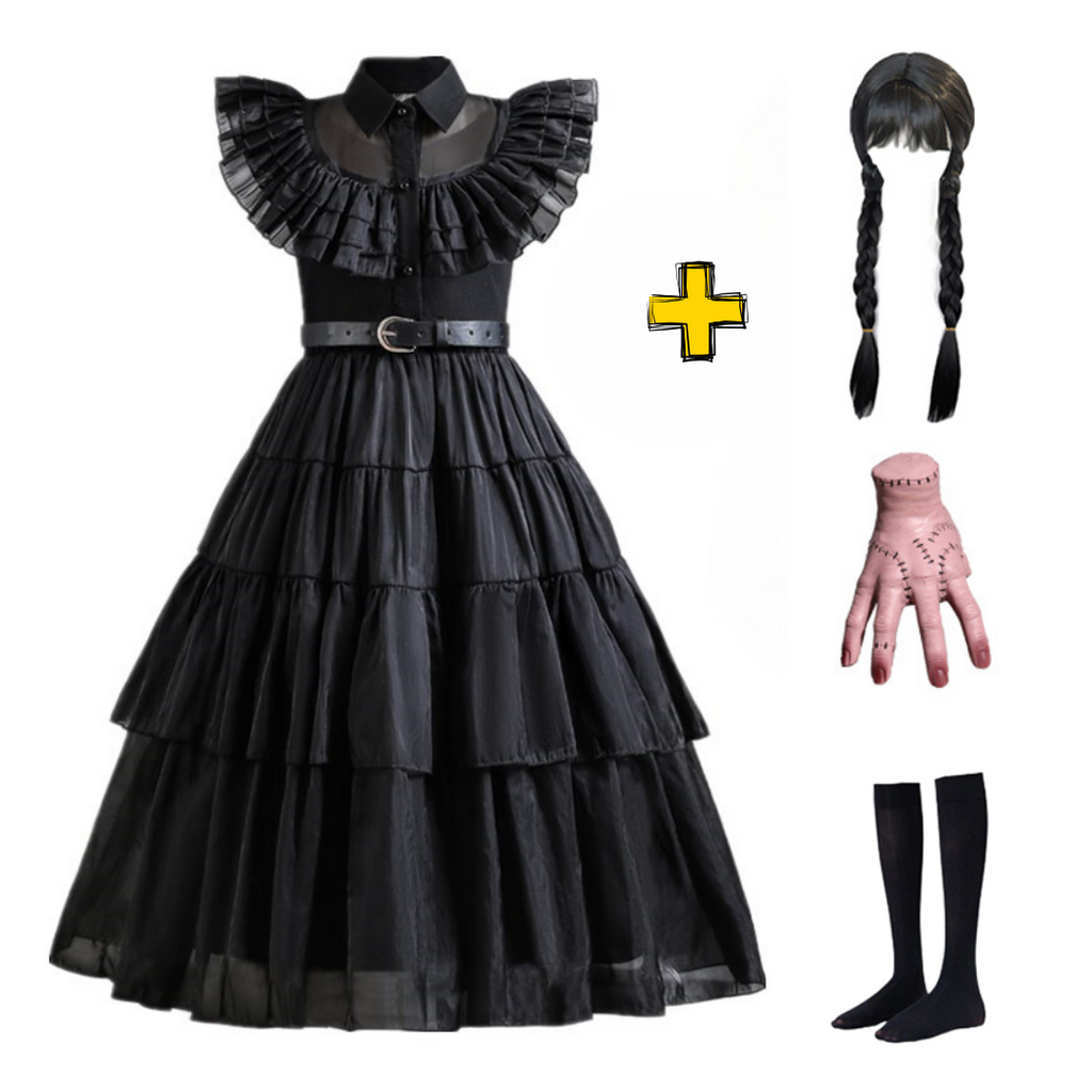 Vestido Wandinha Família Addams Infantil Baile Fantasia Halloween Completa