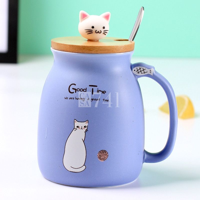 Caneca de Gatinho Instagramável de Cerâmica com Tampa 450ml