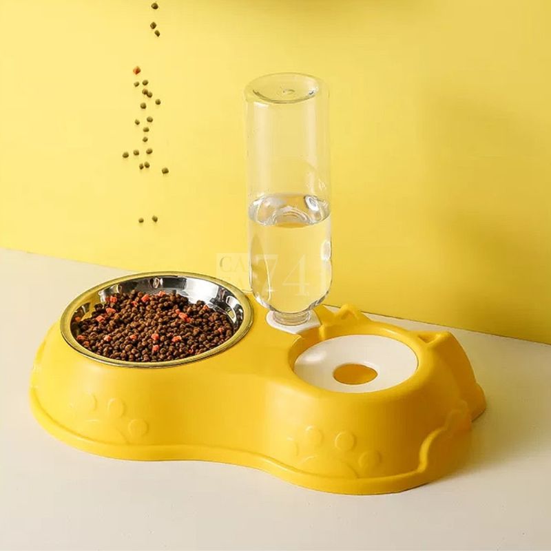 Comedouro para Gato com Garrafa de Água Automática e Tigela de Aço Inoxidável amarelo